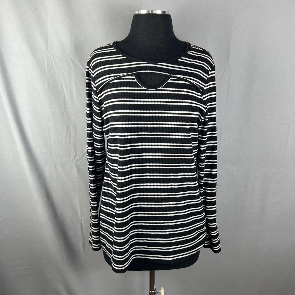 Cyrus Knitted Top Womens Large Black White Striped Stretch Ribbed Cutout Neck